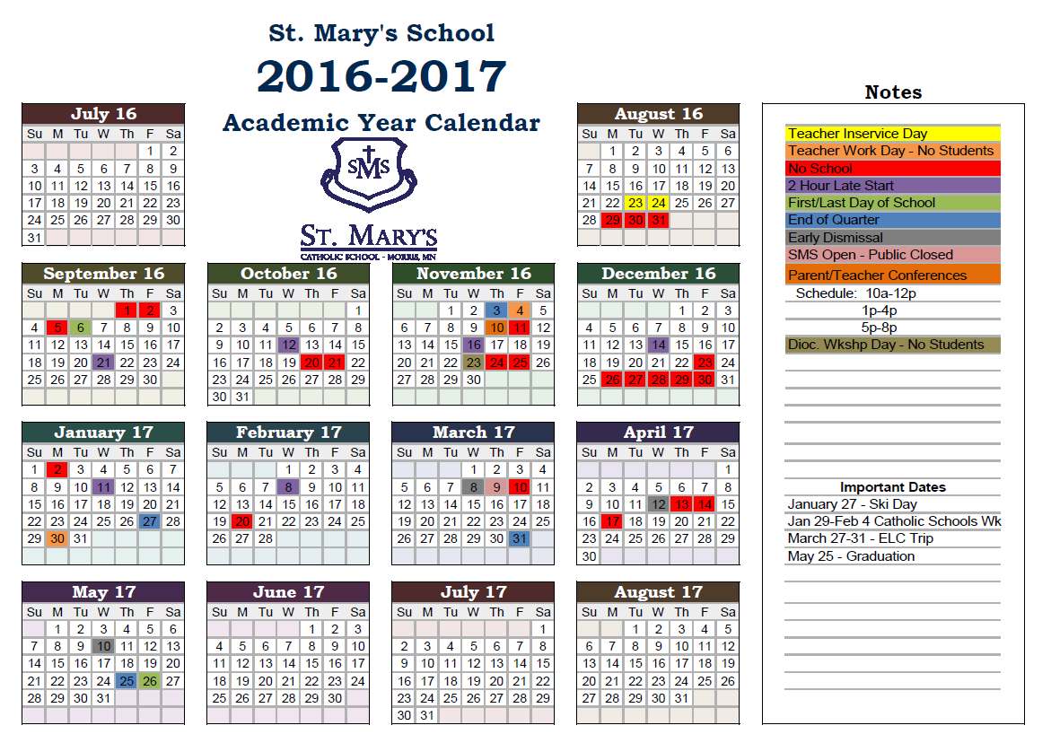 20162017 Calendar St. Mary's Catholic School Morris, MN