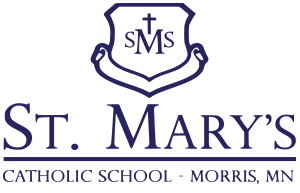 St. Mary's Catholic School logo features a shield with a cross and the initials "SMS" above the text "St. Mary's" in large font. Below, as a footer, it reads "Catholic School - Morris, MN." The entire design is in dark blue.