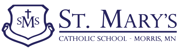 Logo of St. Mary's Catholic School, Morris, MN. The logo features a navy blue shield with a cross and the letters "S", "M", and "S" inside. To the right of the shield, the text reads "St. Mary's Catholic School - Morris, MN" in navy blue.