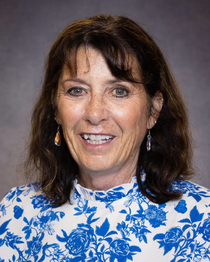 Casey Sayles, with shoulder-length brown hair, wearing a blue and white floral-patterned blouse and dangling earrings, smiles at the camera. The background is gray and slightly blurred.