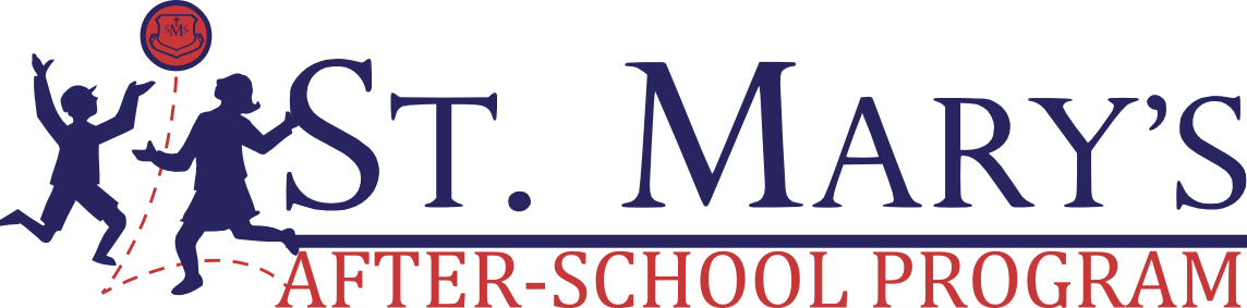 Logo of St. Mary’s After-School Program featuring silhouettes of two children playing basketball. The text "St. Mary’s After-School Program" is prominently displayed, with "St. Mary’s" in large blue letters and "After-School Program" in a red banner below, emphasizing the vibrant after school program atmosphere.