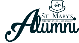 Logo for St. Mary's Catholic School in Morris, Minnesota, featuring a stylized word "Alumni" in script. Above the word is a shield with "SMS" and a cross, along with the text "St. Mary's Catholic School - Alumni, Morris, MN" to its right.