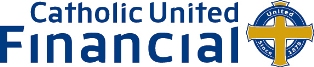 Logo of Catholic United Financial featuring blue text and a yellow cross emblem. The text reads 