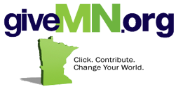 The image features the logo of giveMN.org. The text "giveMN.org" is prominent with "give" in dark blue, "MN" in green, and ".org" in dark blue. Below, there is a green silhouette of the state of Minnesota with the text "Click. Contribute. Donate. Change Your World."
