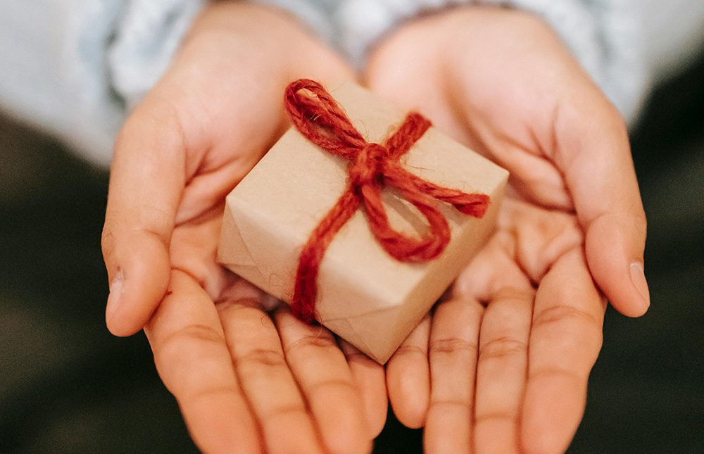 Two hands are cupped together, holding a small, brown paper-wrapped gift box tied with a red string bow. The gift is centered in the palms, suggesting an act of giving or receiving, perhaps something special from wishlists. The background is softly blurred.