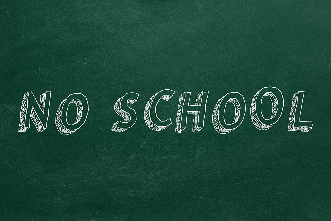 A chalkboard background with the words "NO SCHOOL" written in large, white chalk letters adds a whimsical touch to the typical education setting.
