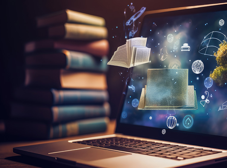 A laptop screen emits a digital hologram featuring floating books, scientific symbols, and educational icons, symbolizing online learning. In the background of this Catholic school setting, a stack of traditional books blends seamlessly with modern technology.