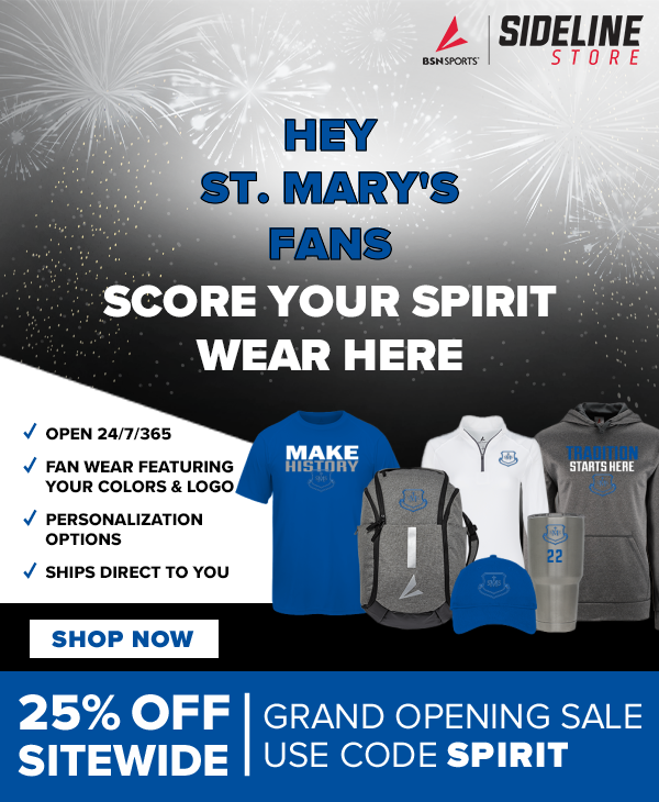 Promotional image for St. Mary's fans featuring spirit wear like T-shirts, hoodies, and caps with options for personalization. Highlighting a grand opening sale with 25% off sitewide using a specific code, the store emphasizes 24/7 availability and direct shipping to school supporters everywhere.